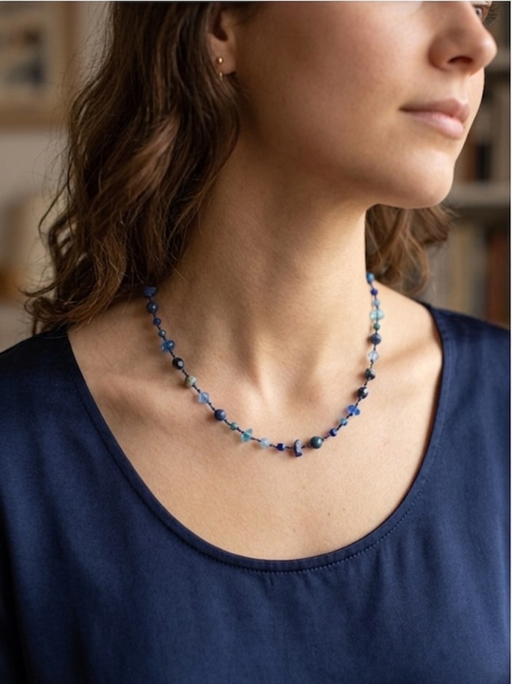 Delicate Blue Gemstone Beaded Artisan Necklace Lapis Sodalite Aquamarine Quartz